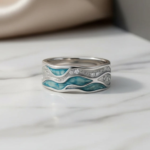 Anillo plateado con ondas turquesa, vista 4