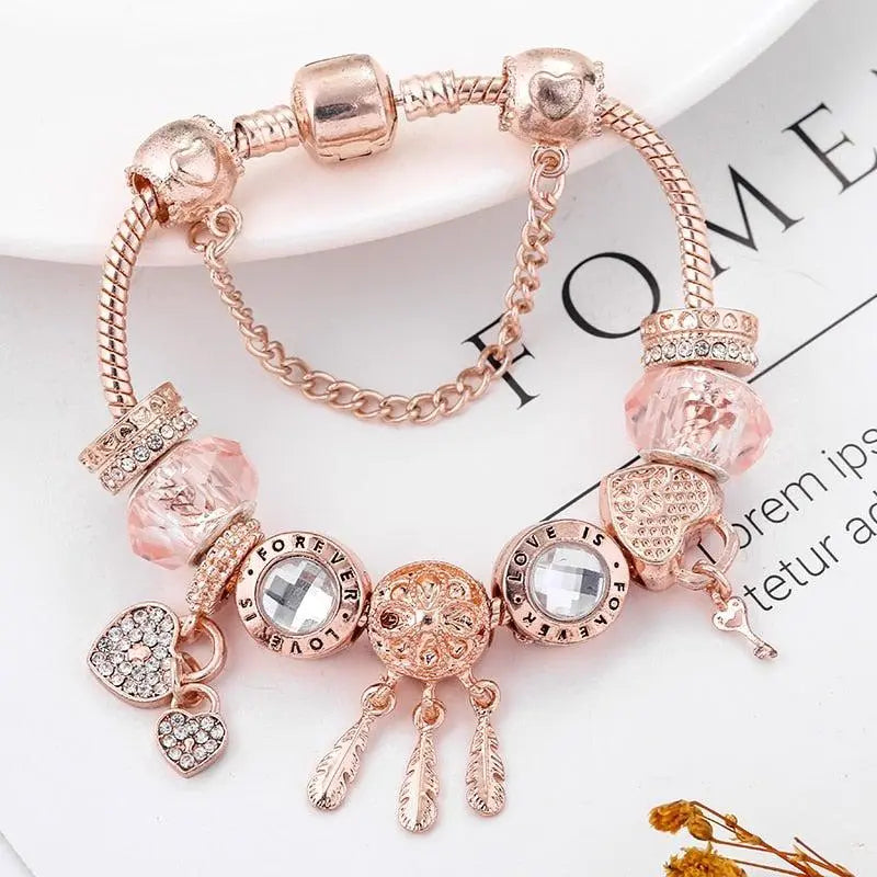 Pulsera de atrapasueños rosa con abalorios, vista 3