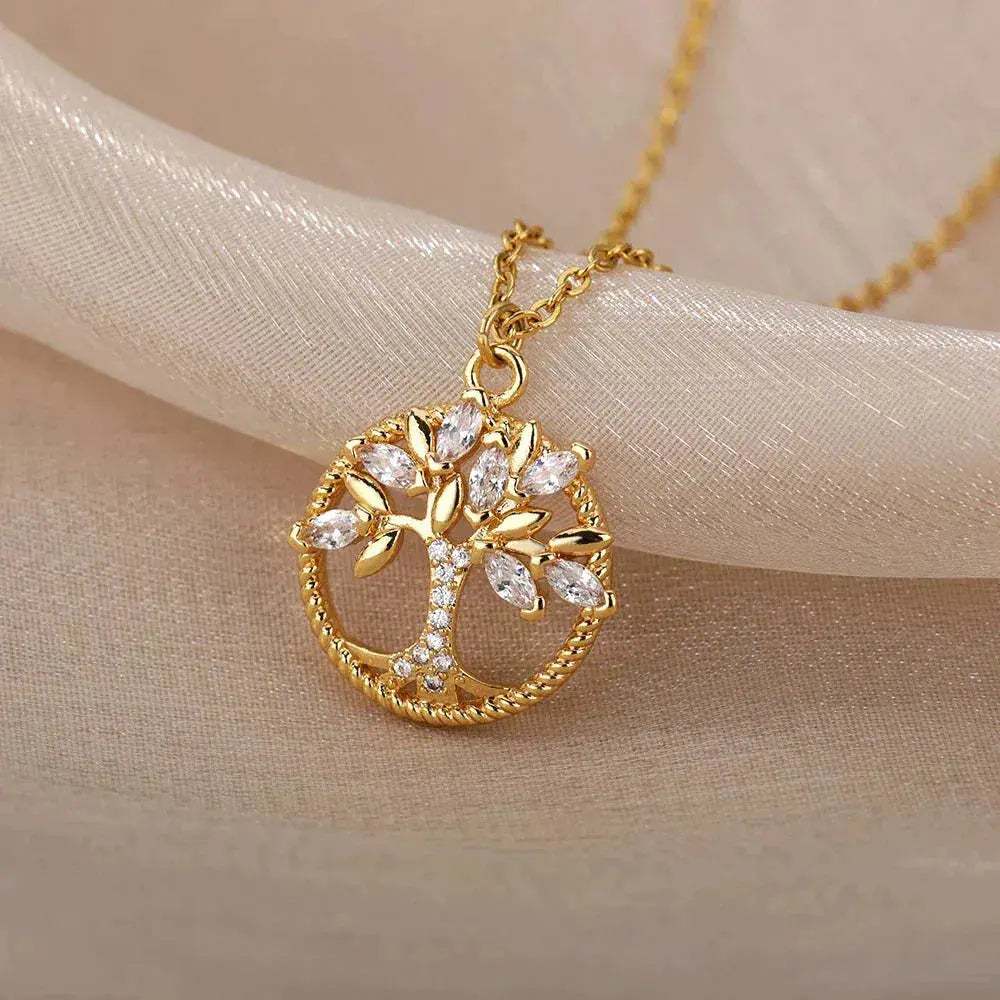 Collar de árbol de la vida dorado con circonitas