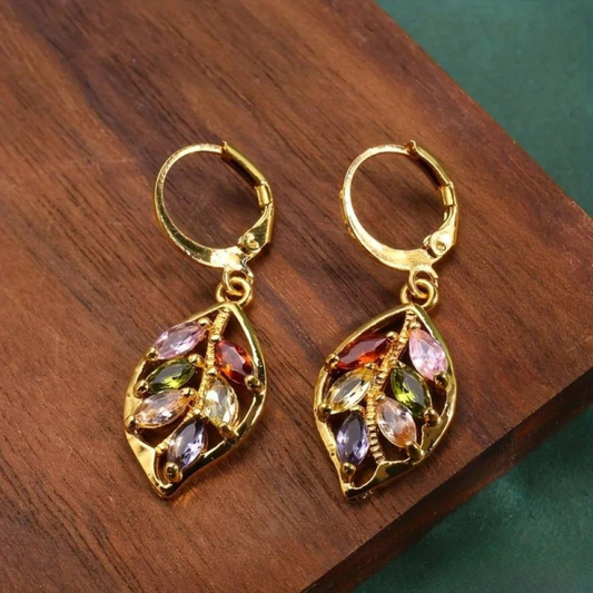 Pendientes vintage de hojas doradas multicolor