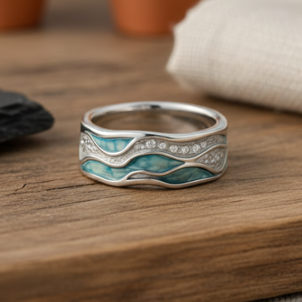 Anillo plateado con ondas turquesa, vista 3