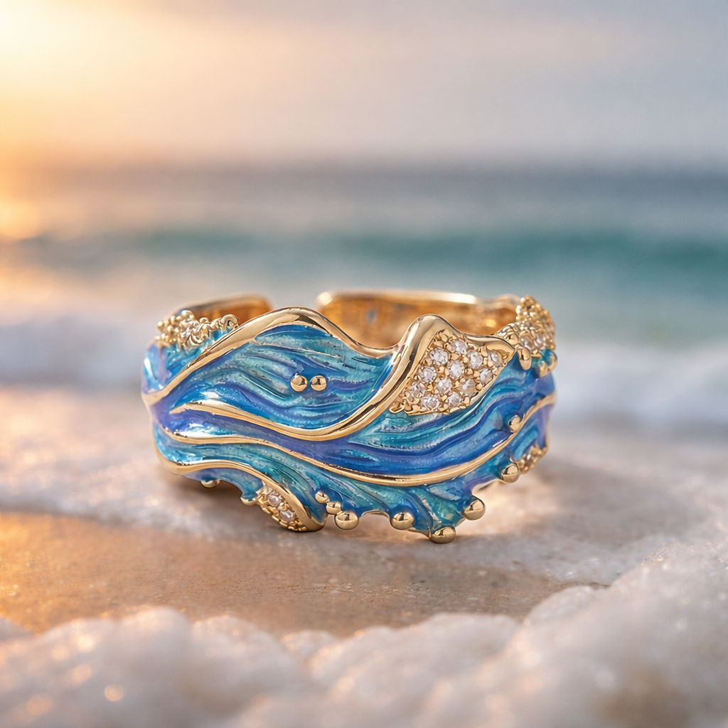 Anillo de mar con esmalte azul