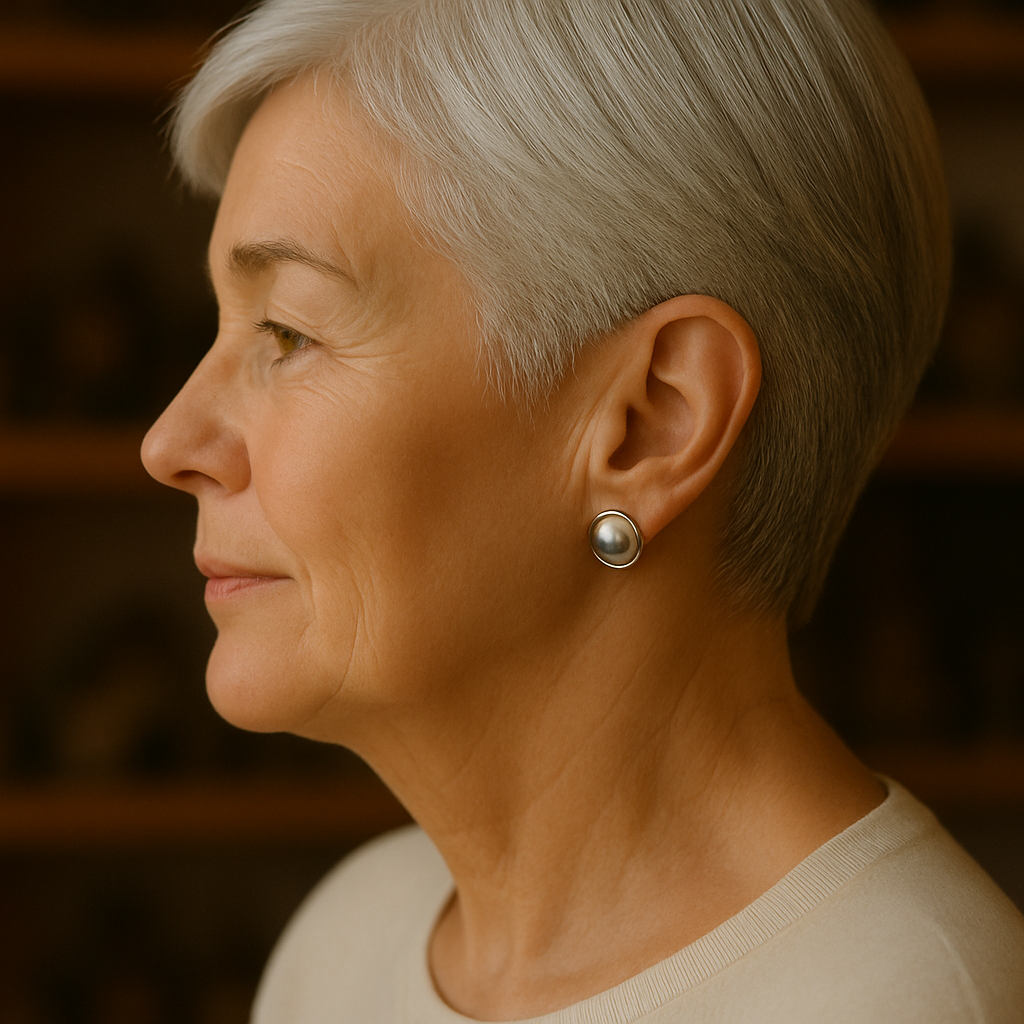 Pendientes de botón con perla gris, vista 2