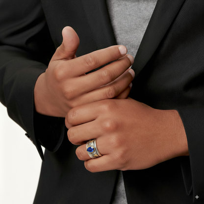 Anillo vintage plateado con cristal azul, vista 3