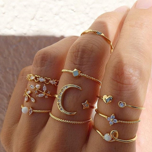 Set de 10 anillos bohemios dorados y plateados
