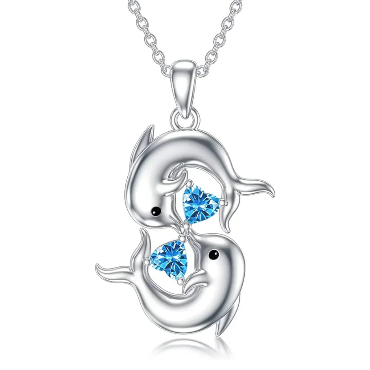 Collar plateado con dos delfines y cristal azul, vista 3