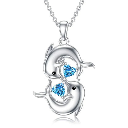 Collar plateado con dos delfines y cristal azul, vista 3