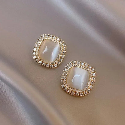 Pendientes cuadrados con piedra opalina y circonitas