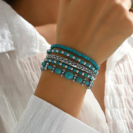 Set de pulseras boho con cuentas turquesa, vista 2