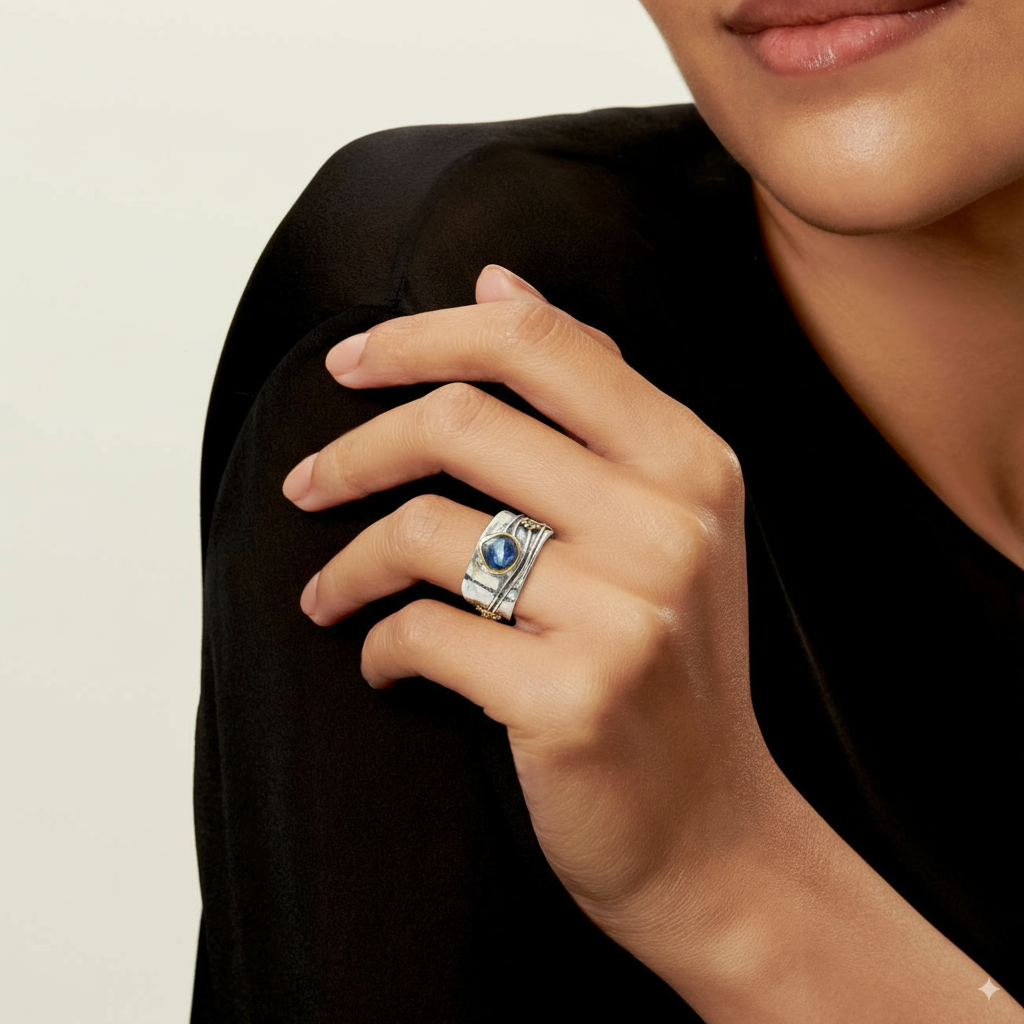 Anillo vintage plateado con cristal azul, vista 2