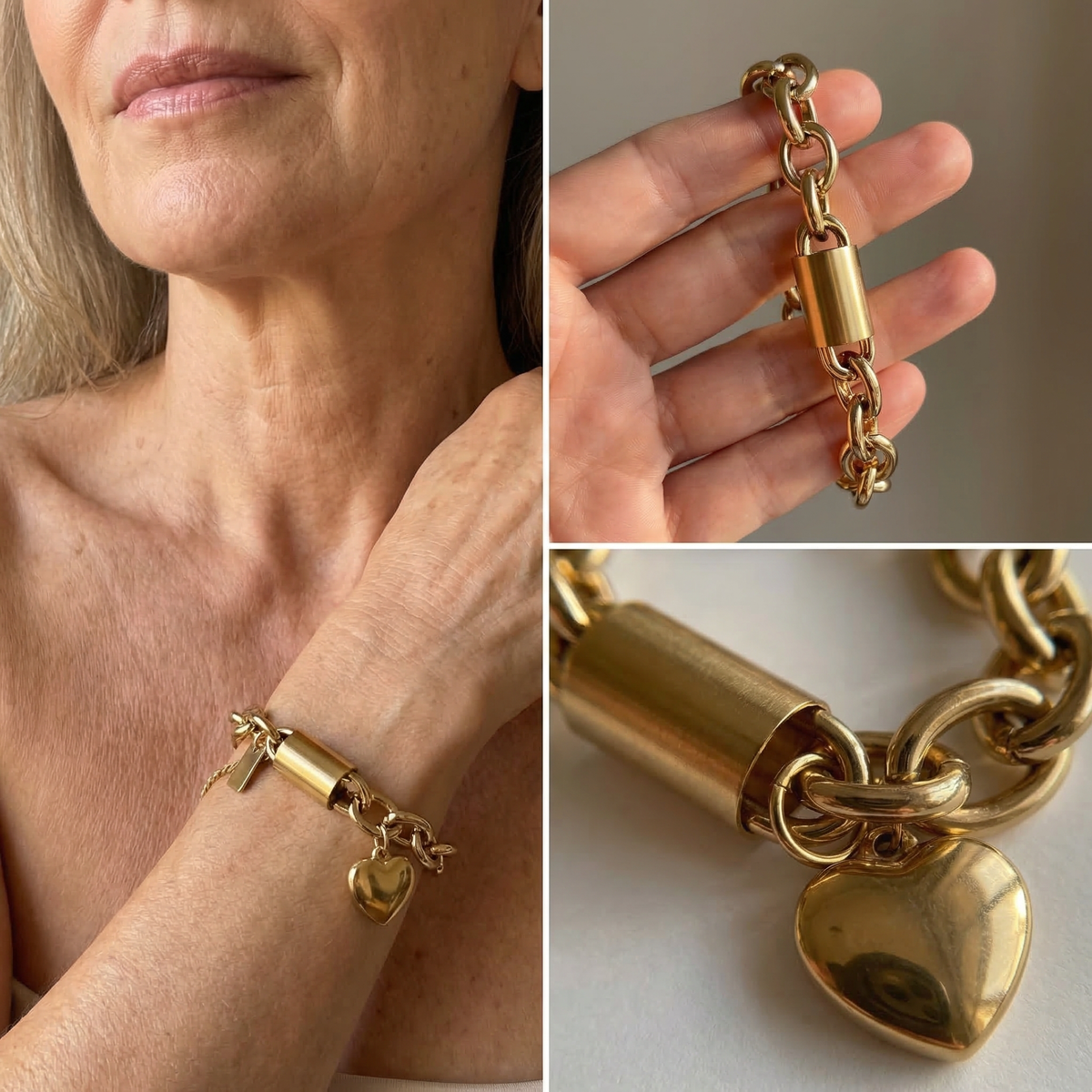 Pulsera gruesa dorada con corazón, vista 2