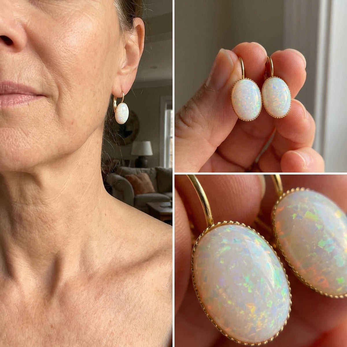 Pendientes vintage con piedra opalina blanca, vista 2