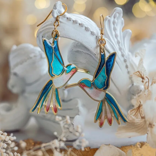 Pendientes largos de colibrí con esmalte azul