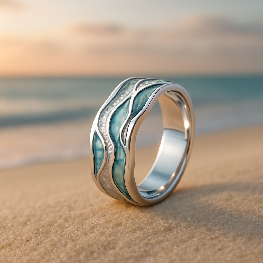 Anillo plateado con ondas turquesa
