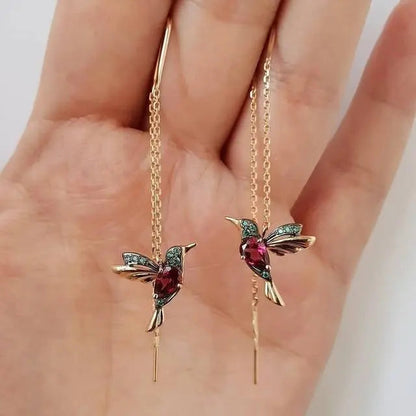 Pendientes de colibrí dorados con cristales